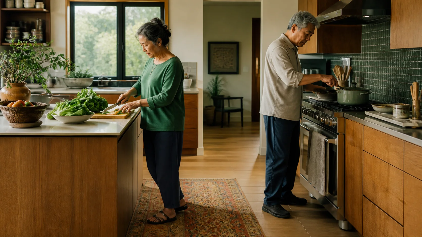 An older couple preparing dinner together at home