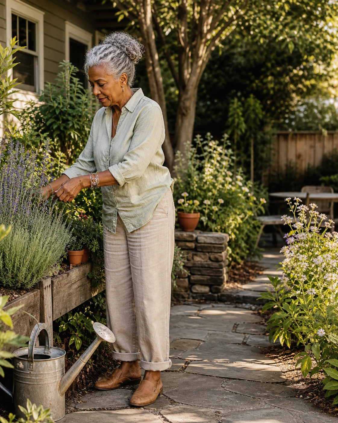 An older homeowner tending plants in her backyard garden