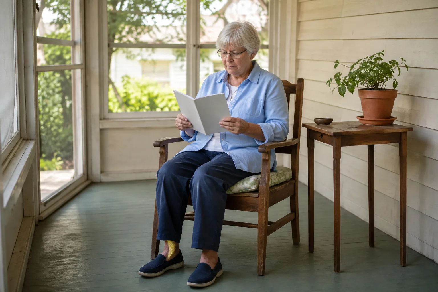 An older homeowner reading on a simple screened porch