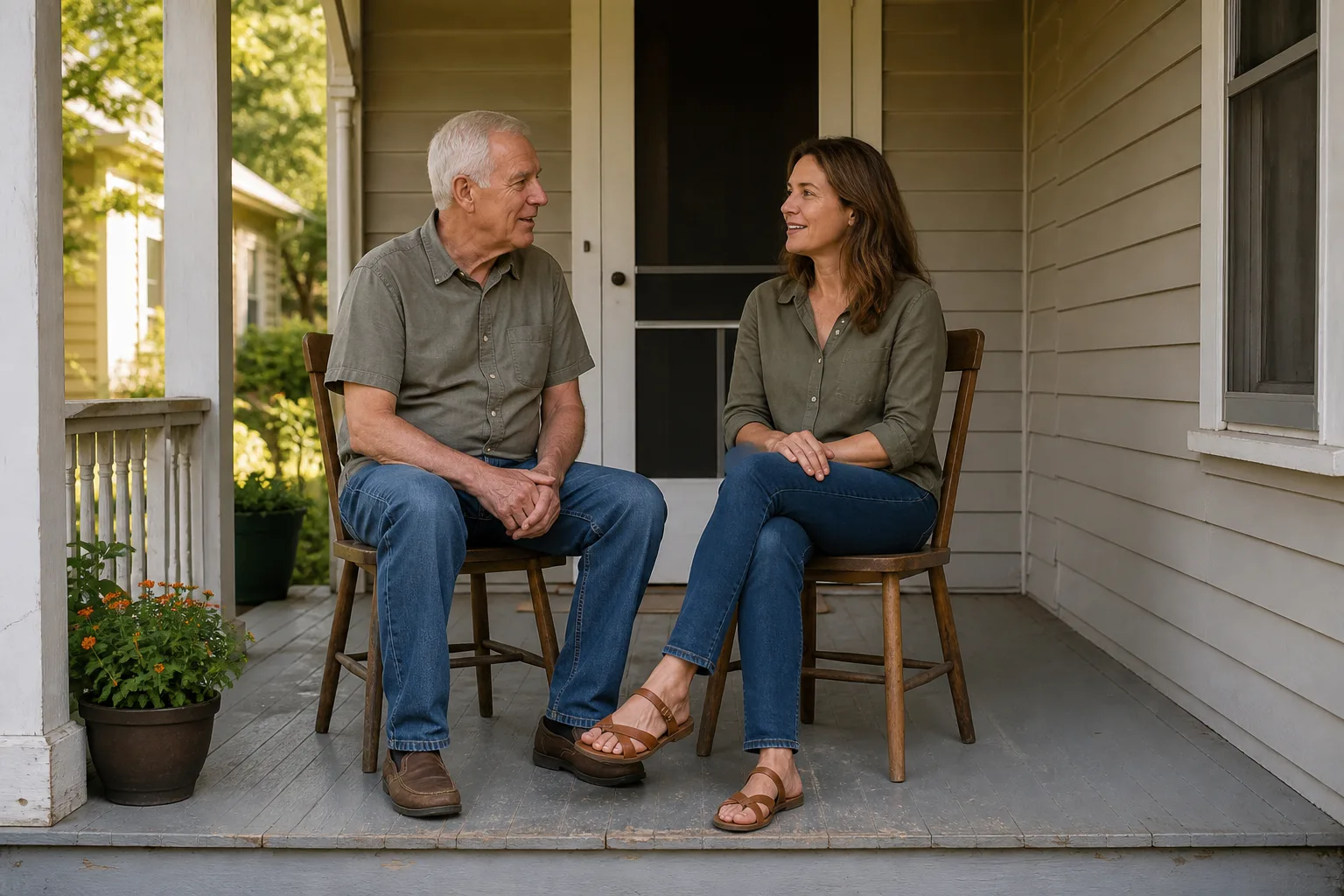 An older father and his adult daughter talking on a modest front porch