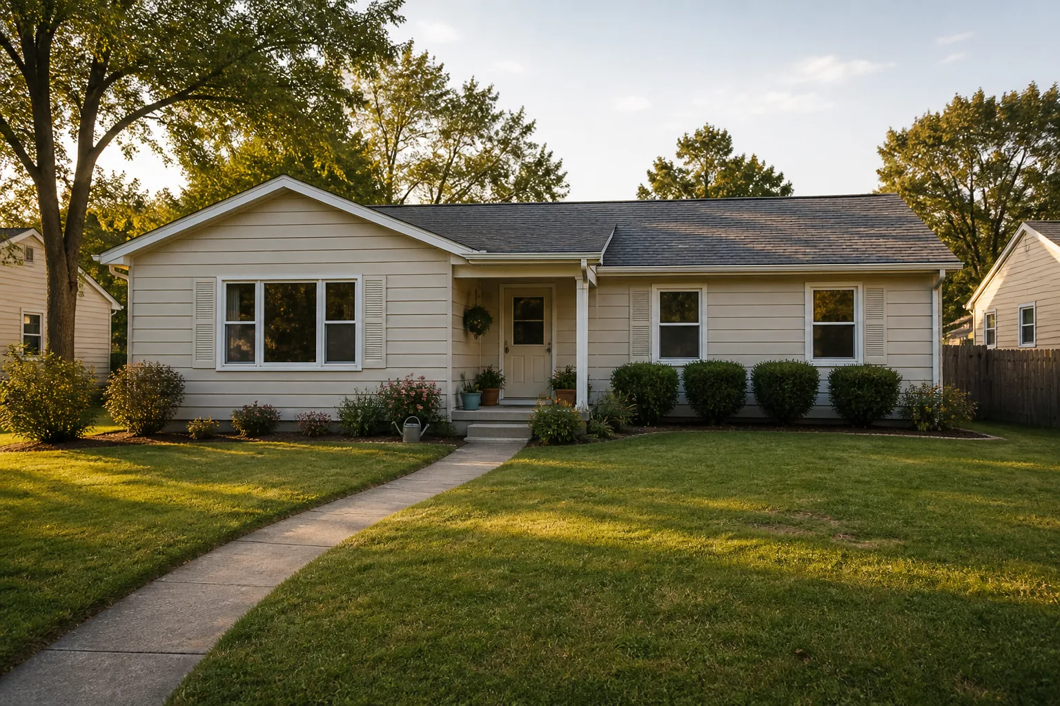 A small single-story home with a front garden and a simple porch