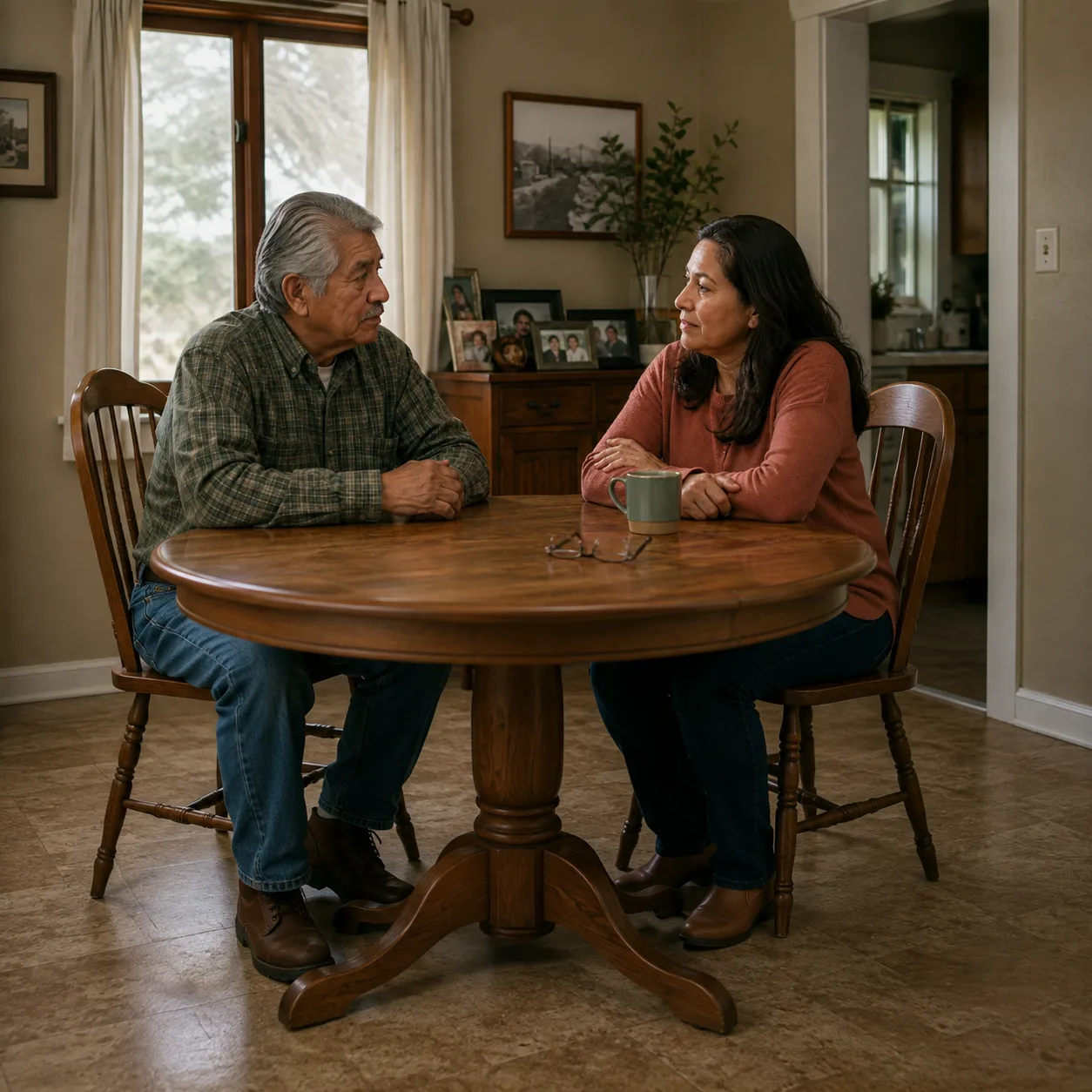 A father and adult daughter talking together at home