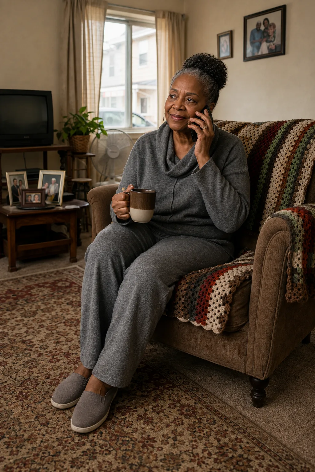 An older woman talking on the phone in her living room