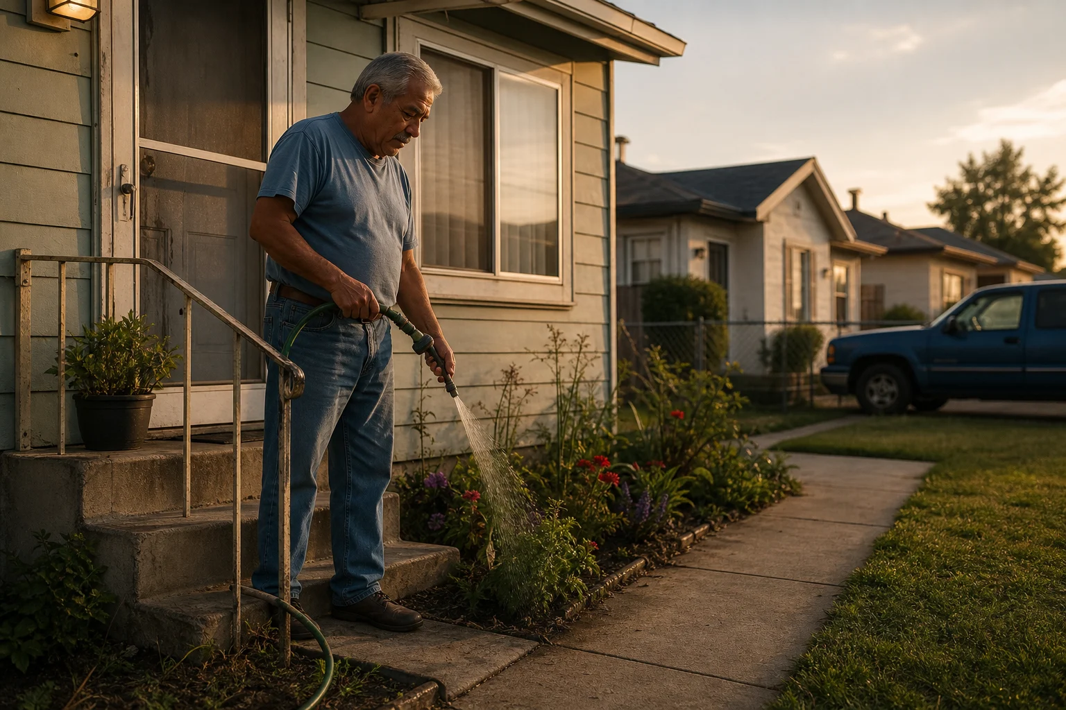 An older homeowner watering the garden outside his bungalow